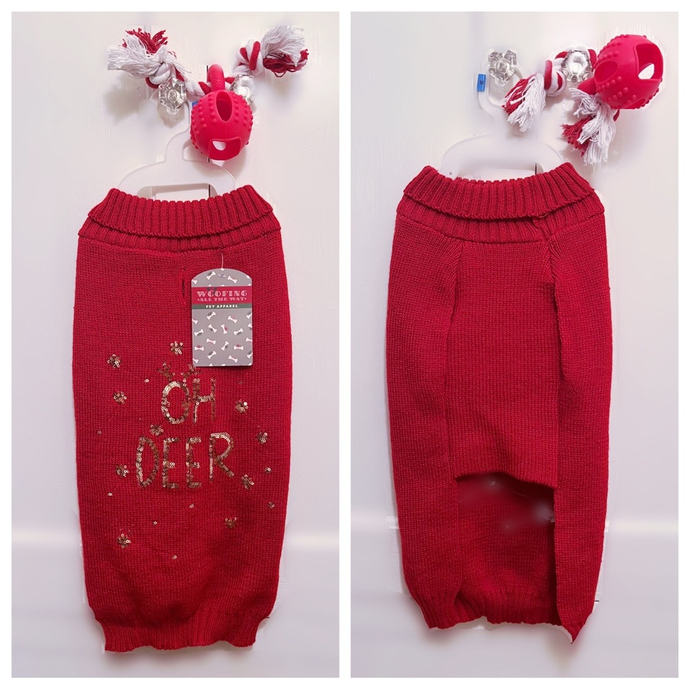 Red 'Oh Deer' Holiday Dog Sweater with Toy - M